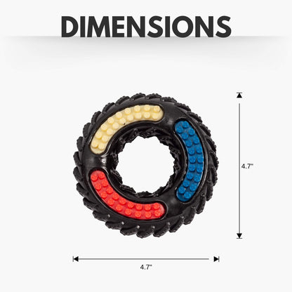 Country Living Tire of Fun durable TPR textured dog chew toy with red, blue, and yellow color blocks, 4.7 inches diameter