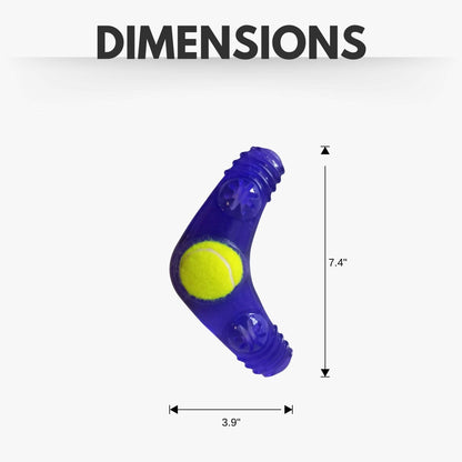 Tennis ball dog toy boomerang with textures for medium to large dogs, measuring 7.4 by 3.9 inches