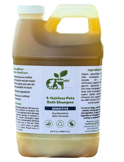 Natural sensitive shampoo for hairless pets with organic ingredients in 64 oz bottle