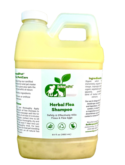 64 oz bottle of ReNewedPet Herbal Flea Shampoo for cats and dogs with natural organic ingredients