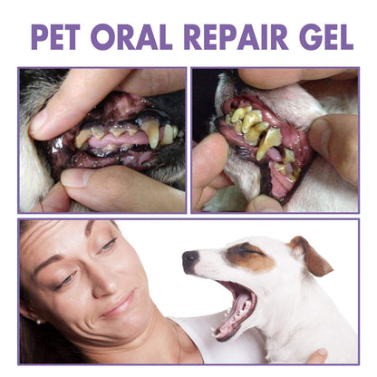 before and after pet oral repair gel treatment on dog teeth with woman holding yawning dog