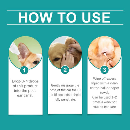 Pet ear wash bottle with dropper for cleaning and soothing cats and dogs ears