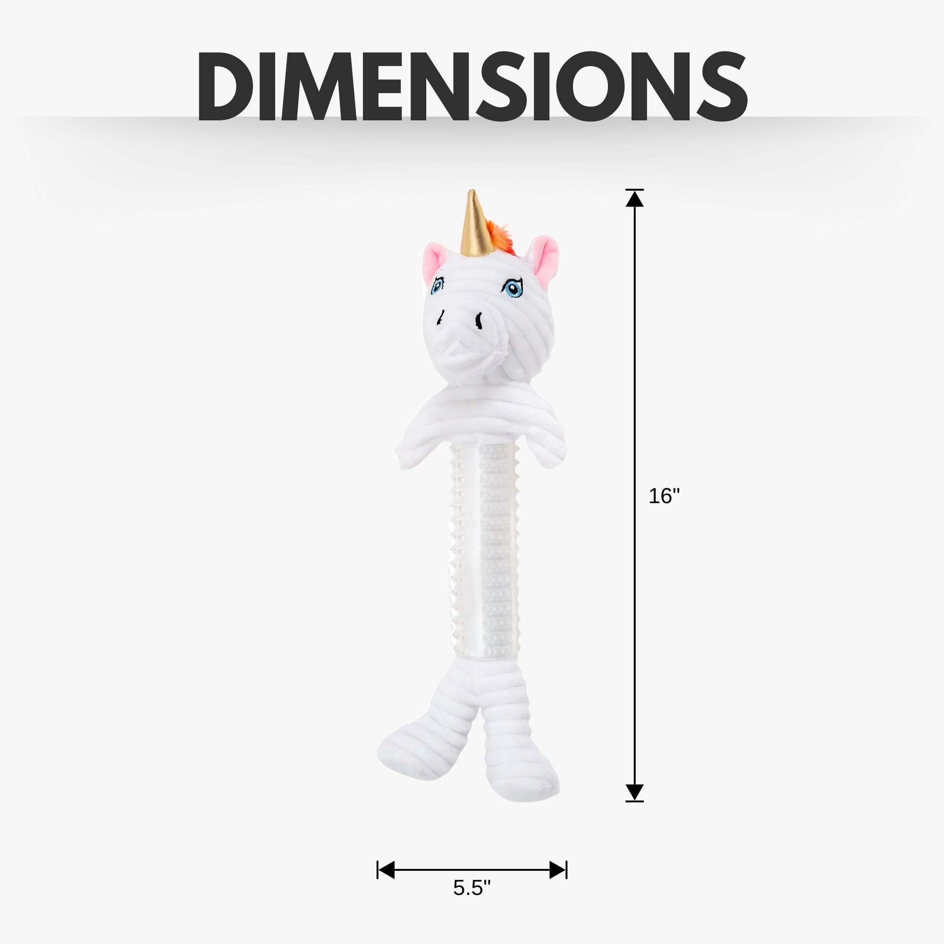 Country Living Thermoplastic Rubber skinny unicorn corduroy plush dog toy with squeaker and crinkle paper, 16 inches tall and 5.5 inches wide.