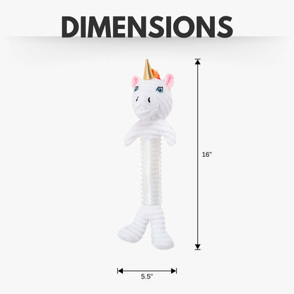 Country Living Thermoplastic Rubber skinny unicorn corduroy plush dog toy with squeaker and crinkle paper, 16 inches tall and 5.5 inches wide.