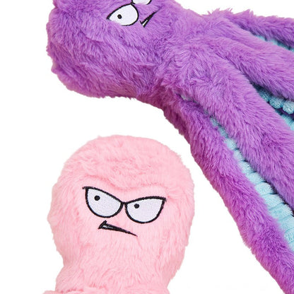Octopus-shaped indestructible plush dog toy in purple and pink with squeaky feature and bite-resistant material