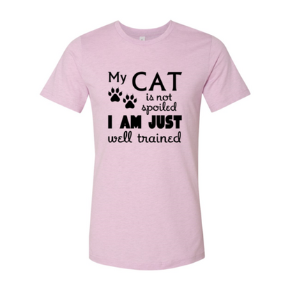 My Cat Is Not Spoiled T-Shirt in light pink with black text and paw prints, soft cotton Bella Canvas tee