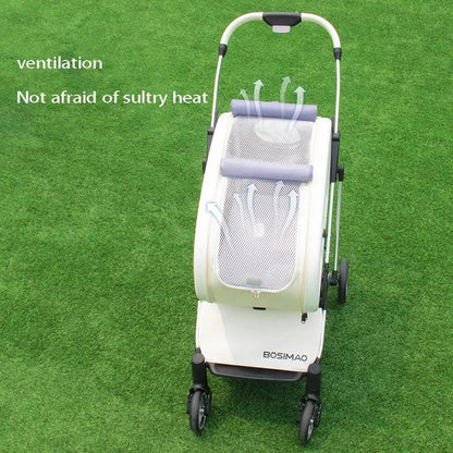 Lightweight foldable four-wheeled cart for small to medium pet dogs and cats in transparent white and pink colors