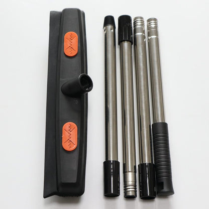 Pet Hair Removal Mop parts including black mop head and four stainless steel rods on white background