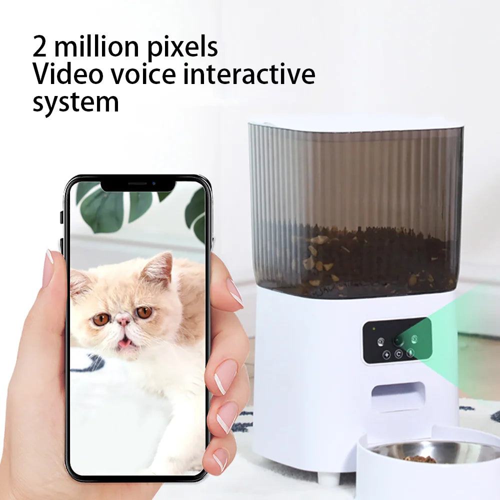 5L Double Bowls Smart Automatic Cat Feeder with camera and voice recorder, 2 million pixel video, dry food dispenser, WiFi enabled, night vision, and food shortage alarm.