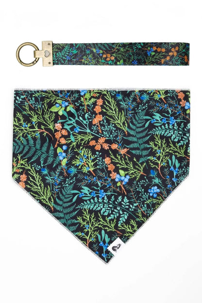 Magical Fern Forest dog bandana and matching wristlet keychain with vibrant fern and floral pattern