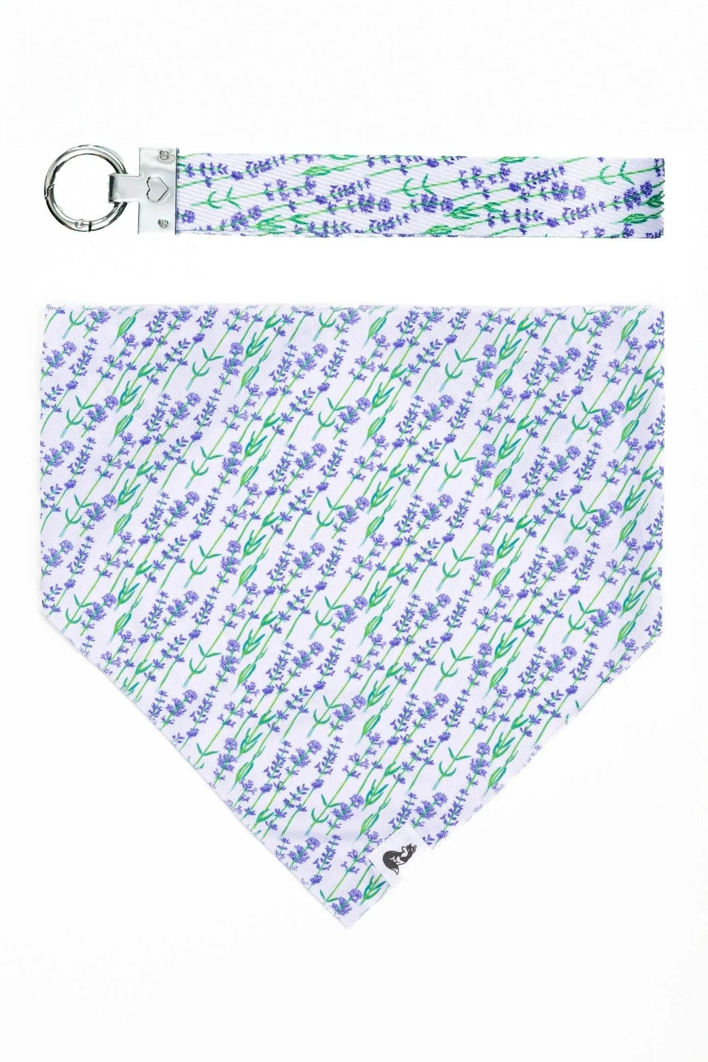 Lavender Blooms Dog Bandana and matching keychain with floral design and paw print engraving
