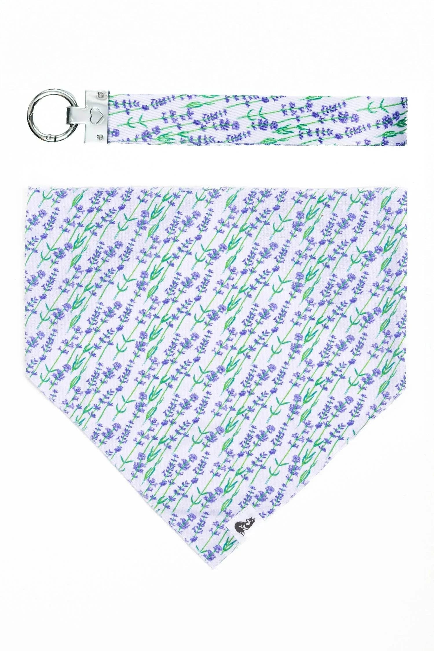 Lavender Blooms Dog Bandana and matching keychain with floral design and paw print engraving
