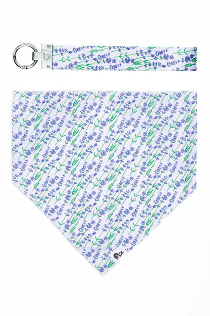 Lavender Blooms Dog Bandana and matching keychain with floral design and paw print engraving