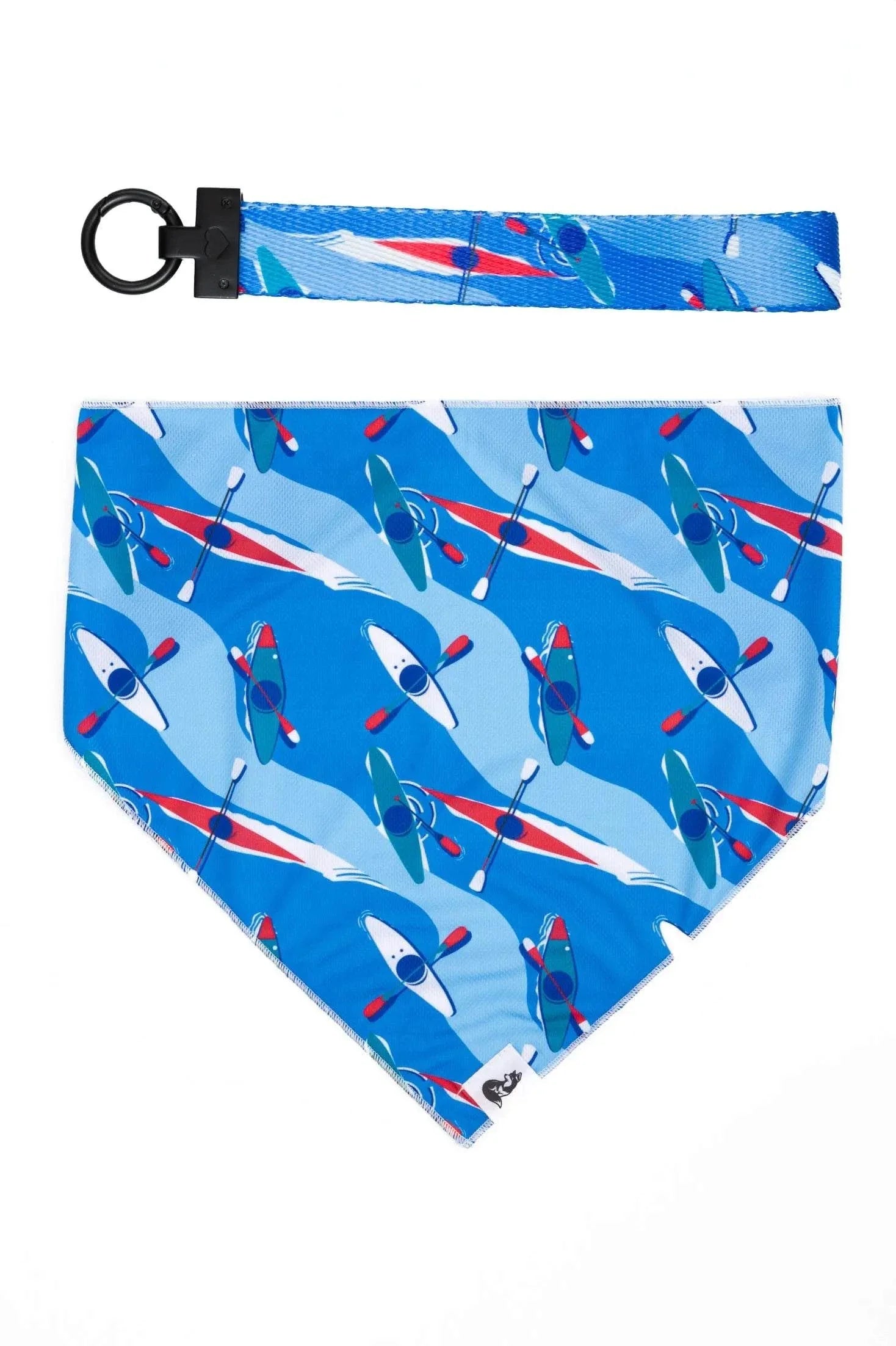 Blue K9 Kayak Dog Bandana and matching kayak-patterned keychain with spring-loaded clasp
