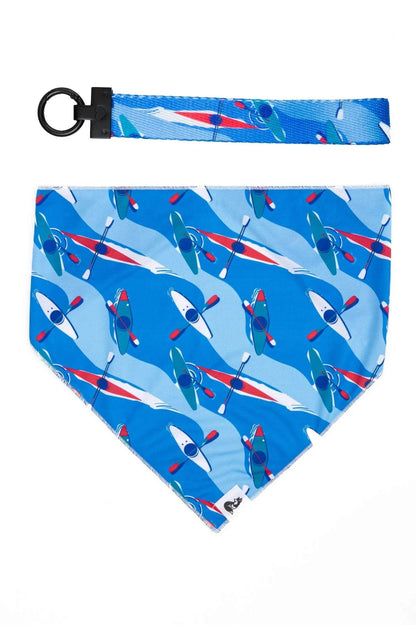 Blue K9 Kayak Dog Bandana and matching kayak-patterned keychain with spring-loaded clasp