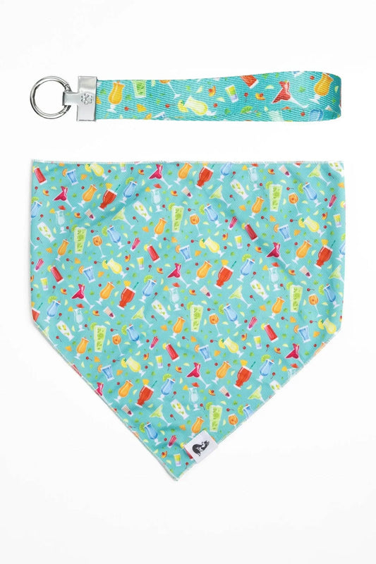 Seaside Sips Dog Bandana with colorful tropical drink pattern and matching scratch-resistant wristlet keychain
