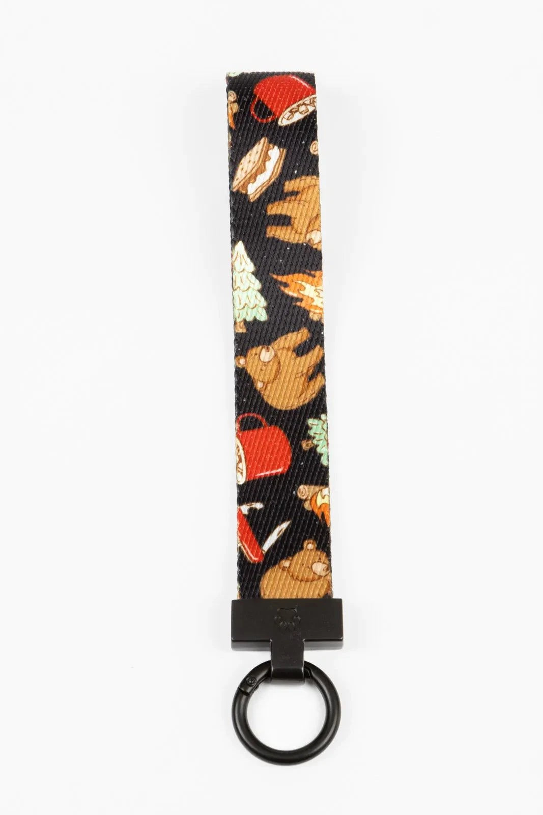 Woodland Tales Dog Bandana matching keychain with woodland animal and camping design, spring-loaded clasp, and engraved paw print and heart.