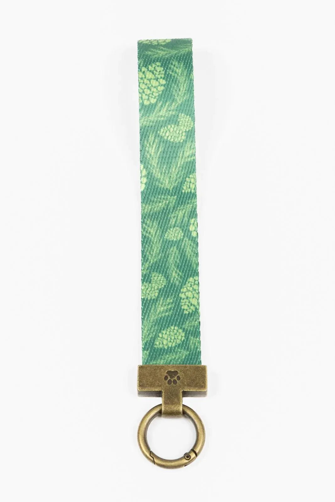 Pine Cone Pup green pine cone patterned wristlet keychain with brass ring and clasp