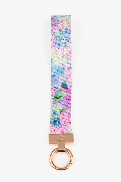 Hydrangea Haven dog bandana and matching floral wristlet keychain with heart and paw print engraving