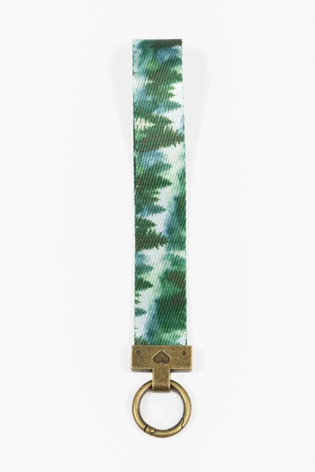 Evergreen Explorer Dog Bandana matching wristlet keychain with pine forest pattern and brass clasp
