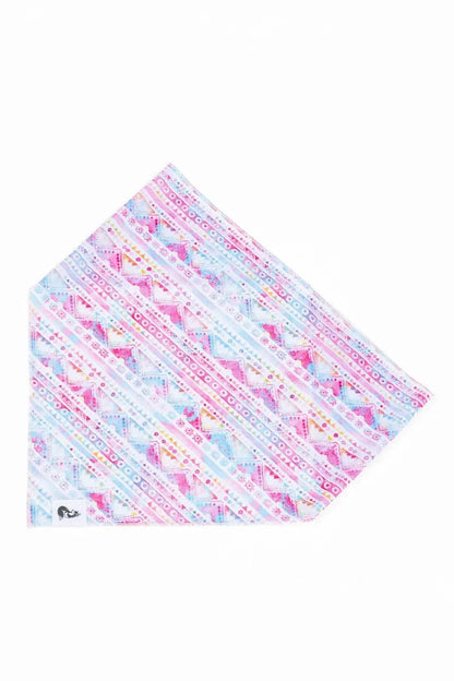 Pink and blue tribal patterned dog bandana with lightweight, quick-drying fabric and matching keychain with paw and heart engraving