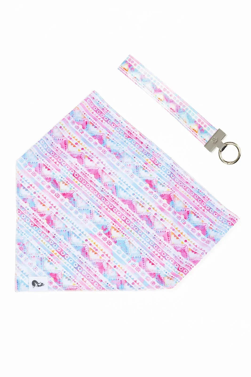 Pink and blue tribal patterned dog bandana and matching keychain set with heart and paw print engraving