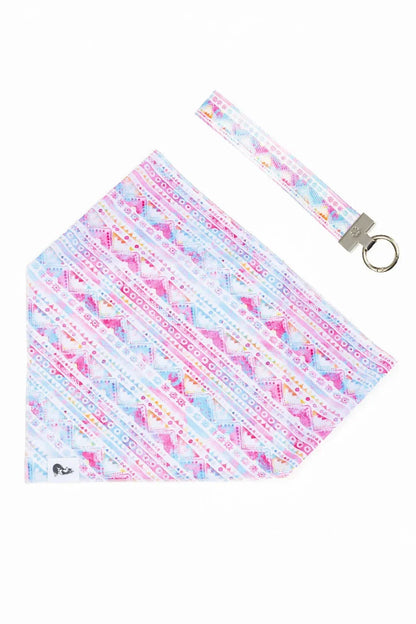 Pink and blue tribal patterned dog bandana and matching keychain set with heart and paw print engraving
