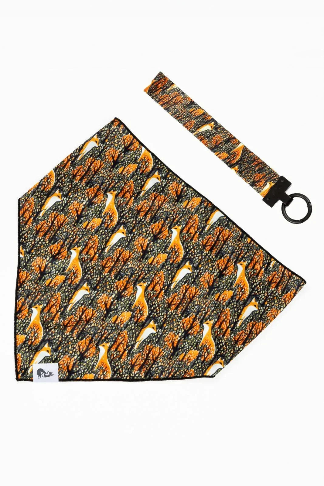 Foxes in Fall dog bandana and matching keychain set with autumn fox pattern and paw print engraving