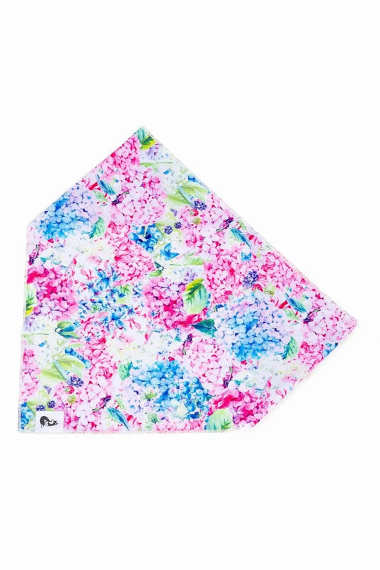 Hydrangea Haven Dog Bandana with colorful pink and blue hydrangea floral pattern, quick-drying and breathable fabric for dogs