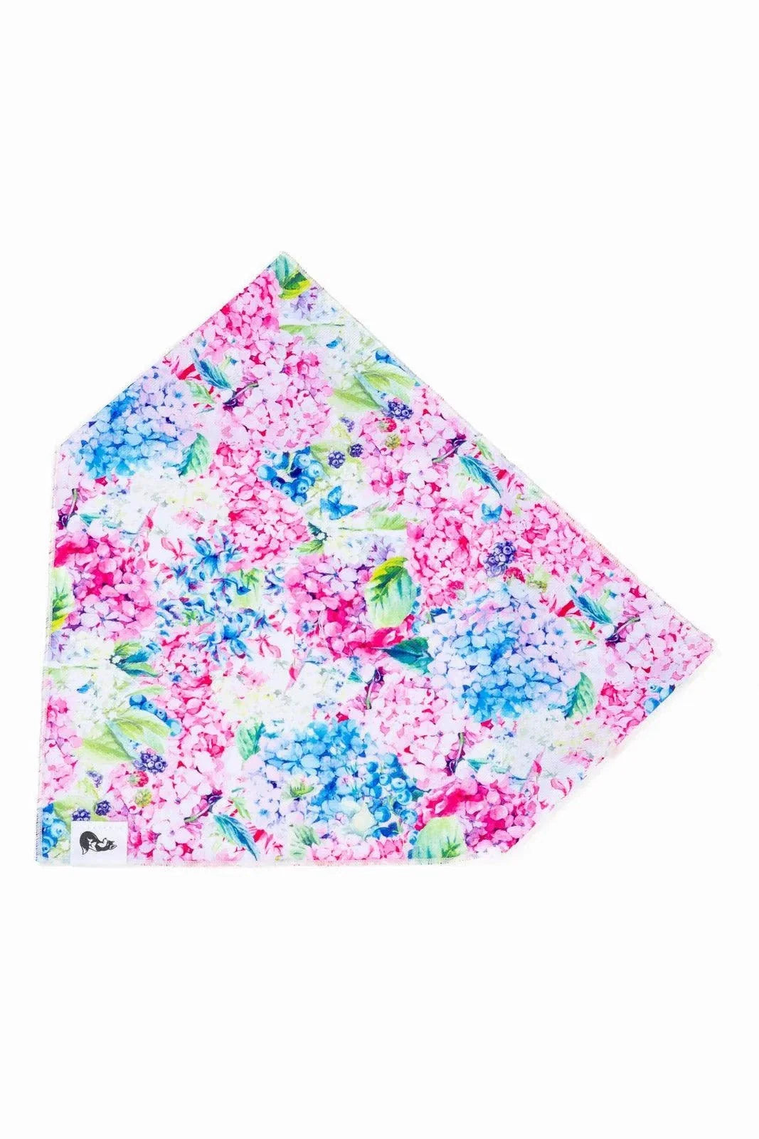 Hydrangea Haven Dog Bandana with vibrant pink and blue floral pattern, lightweight and breathable fabric for pet comfort