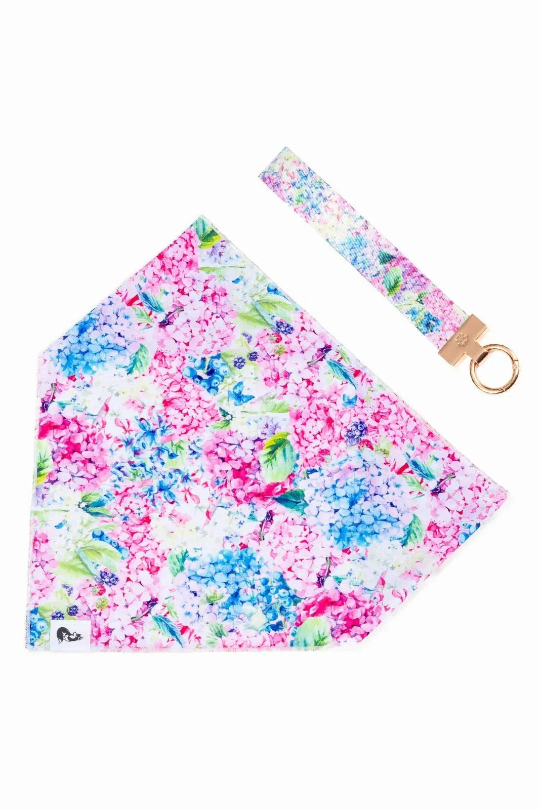 Hydrangea Haven Dog Bandana and matching floral wristlet keychain set with vibrant hydrangea pattern