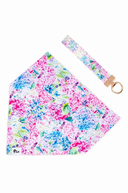Hydrangea Haven Dog Bandana and matching floral wristlet keychain set with vibrant hydrangea pattern