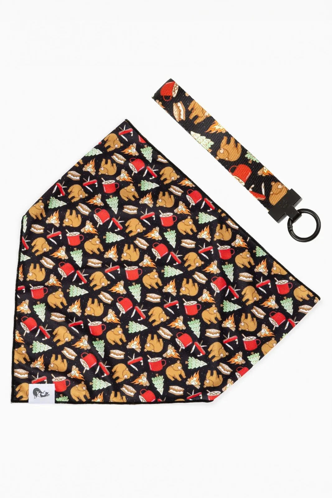 Woodland Tales Dog Bandana and matching keychain with hiking and camping animal design