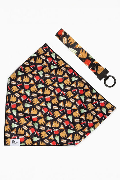 Woodland Tales Dog Bandana and matching keychain with hiking and camping animal design