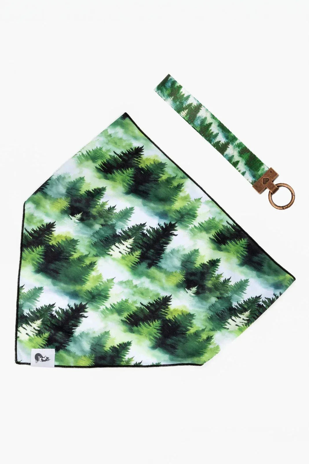 Evergreen Explorer Dog Bandana and matching keychain with pine forest pattern