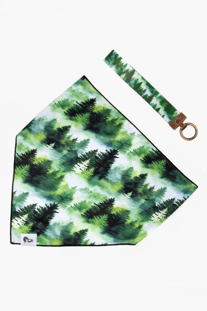 Evergreen Explorer Dog Bandana and matching keychain with pine forest pattern