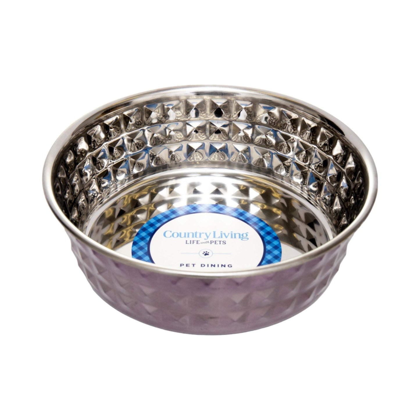 Country Living hammered stainless steel dog bowl in lavender finish with textured design and high-gloss shine