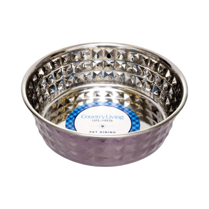 Country Living hammered stainless steel dog bowl in lavender finish with textured design and high-gloss shine