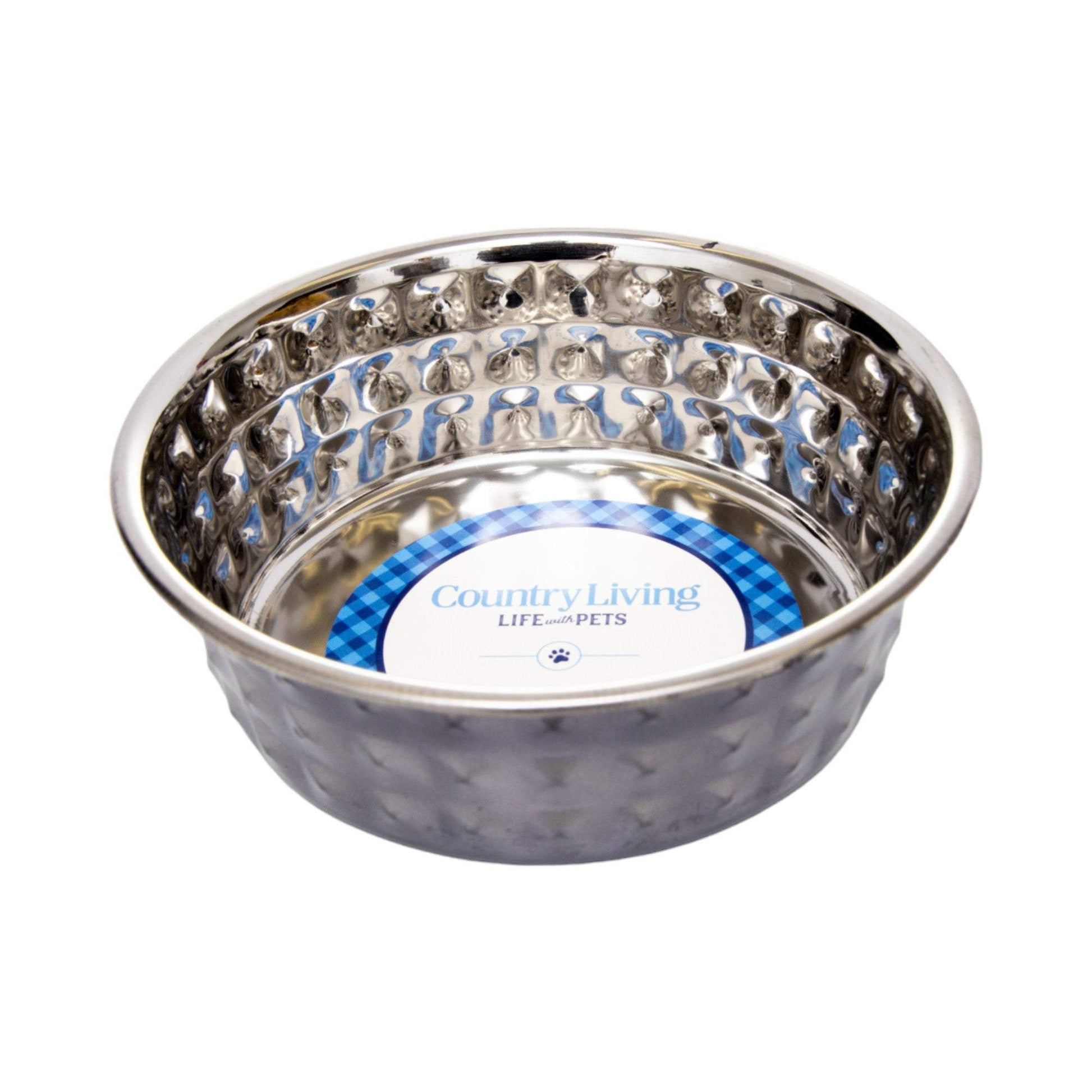Country Living hammered stainless steel dog bowls set with black pearl finish and diamond texture