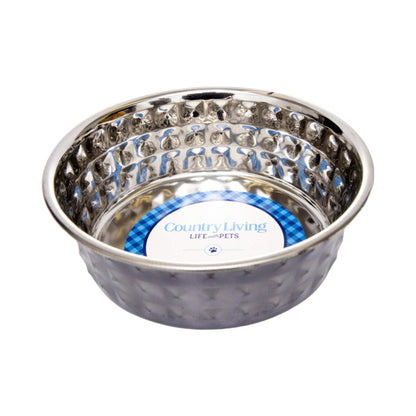 Country Living hammered stainless steel dog bowls set with black pearl finish and diamond texture