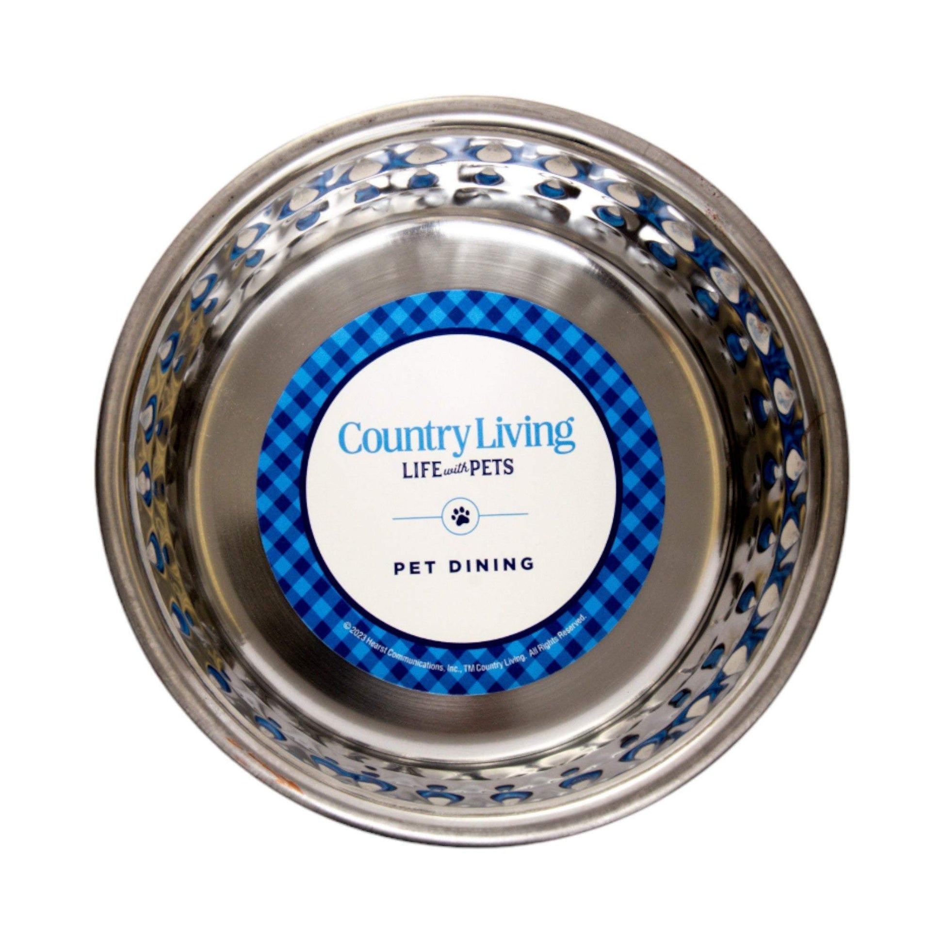 Country Living set of 2 hammered stainless steel dog bowls in lavender with non-skid base and easy-grip lip, available in 32oz and 64oz sizes.