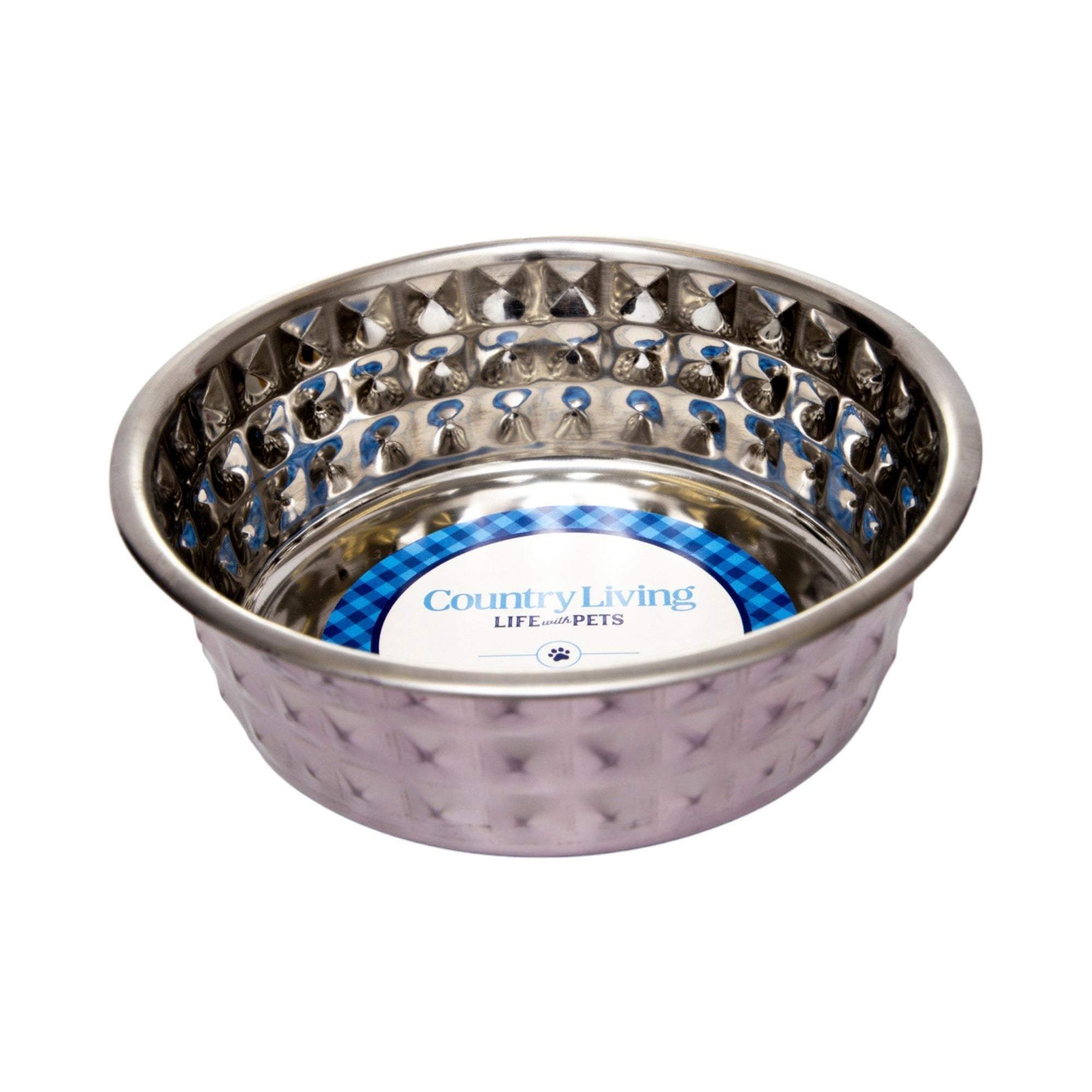 Country Living lavender hammered stainless steel dog bowl set of 2, durable, non-skid, dishwasher-safe pet bowls for medium to large dogs