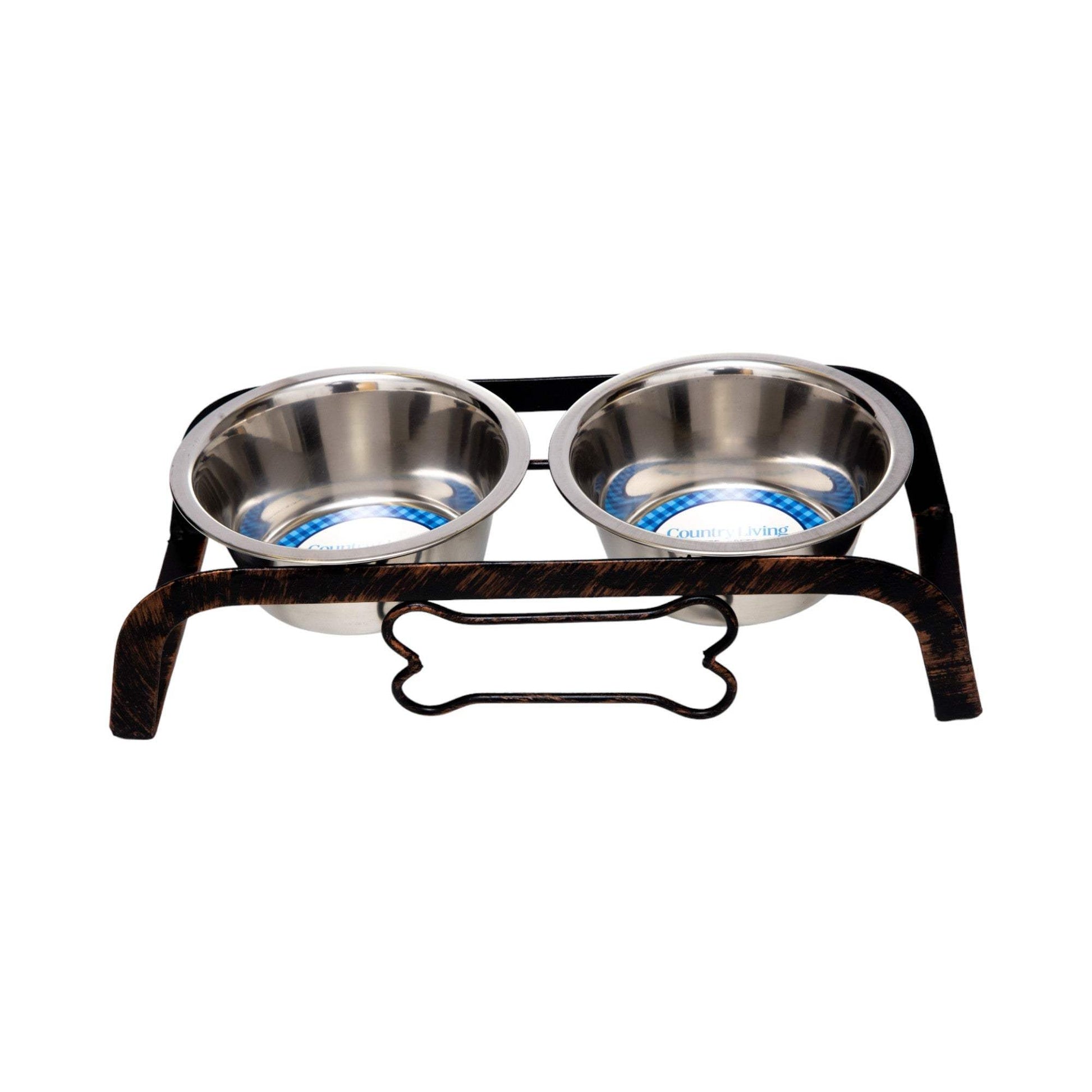 Country Living Rustic Dog Bone elevated pet feeder with two stainless steel bowls on antique copper base