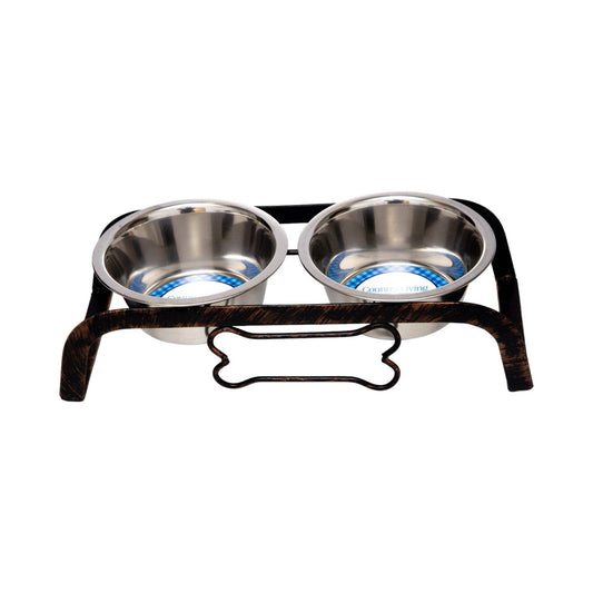 Country Living Rustic Dog Bone elevated pet feeder with two stainless steel bowls on antique copper base