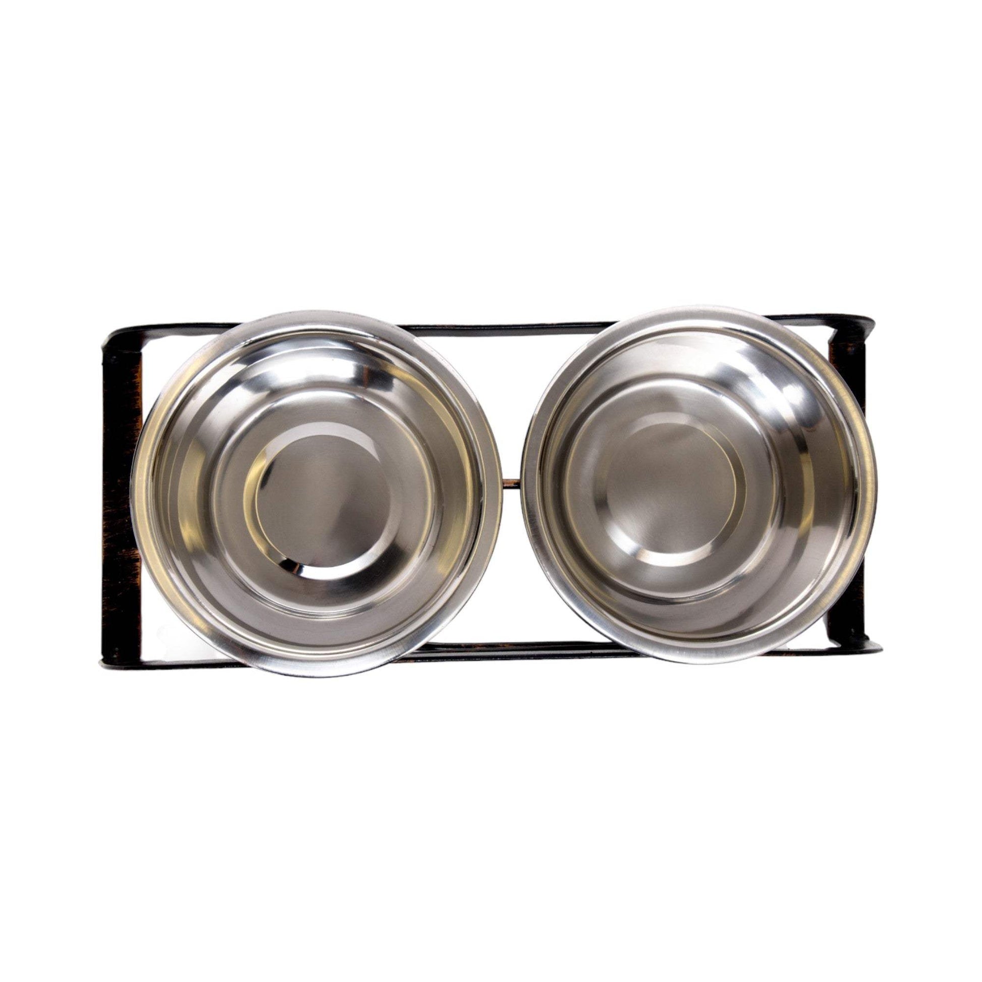 Country Living Rustic Dog Bone elevated dog feeder with two stainless steel bowls and antique copper-look base