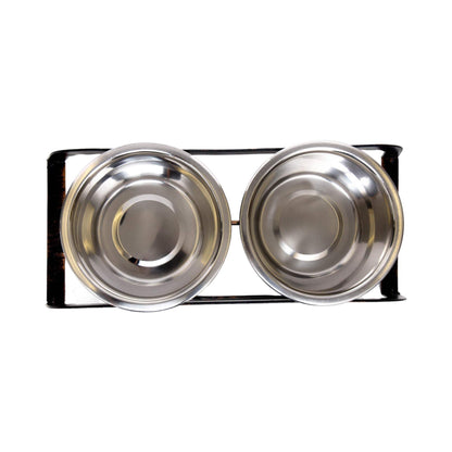 Country Living Rustic Dog Bone elevated dog feeder with two stainless steel bowls and antique copper-look base