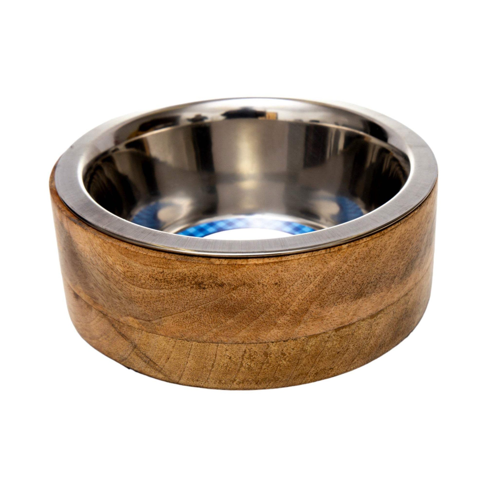 Country Living Stainless Steel Dog Bowl with cylindrical mango wood holder for durable and stylish pet feeding