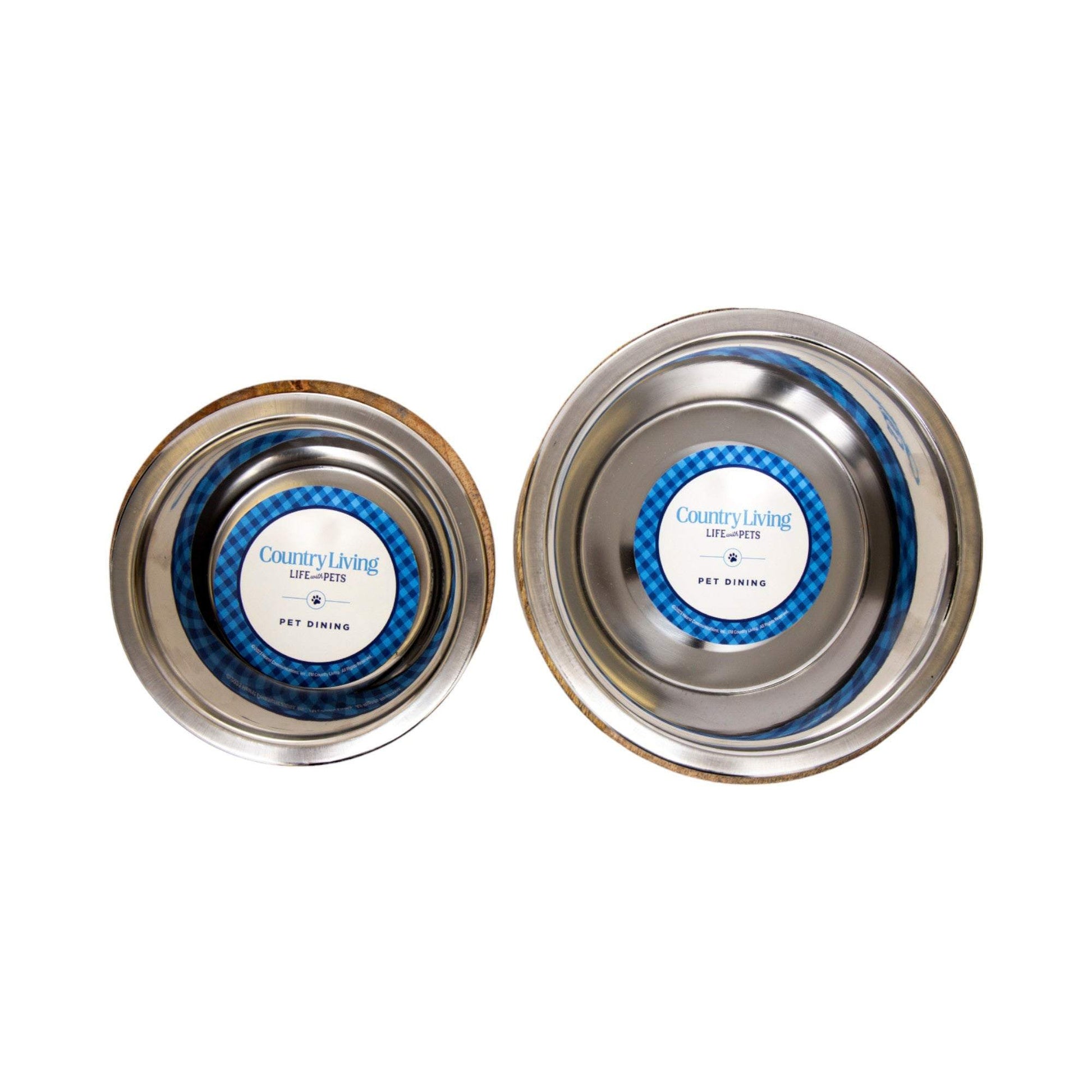Country Living stainless steel dog bowls with natural mango wood holders in two sizes