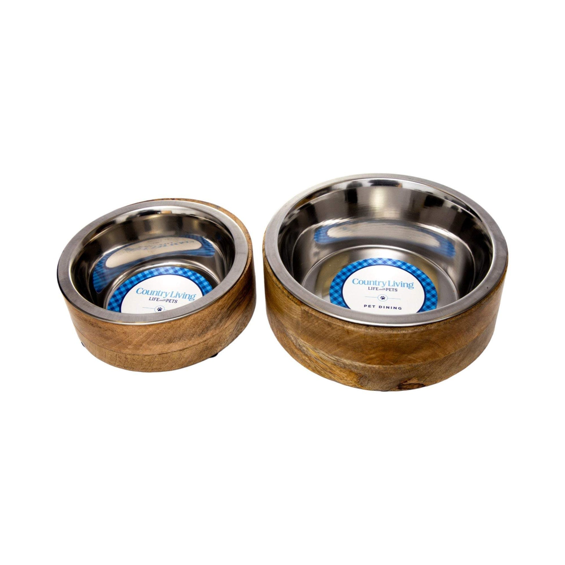 Country Living stainless steel dog bowls with cylindrical mango wood holders in two sizes