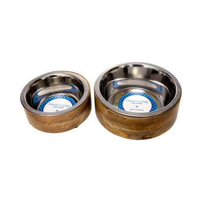 Country Living stainless steel dog bowls with cylindrical mango wood holders in two sizes